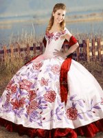 White And Red Ball Gowns Satin Off The Shoulder Sleeveless Embroidery and Ruffles Floor Length Lace Up Quinceanera Dresses(SKU XBQD159-5BIZ)