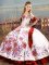 White And Red Ball Gowns Satin Off The Shoulder Sleeveless Embroidery and Ruffles Floor Length Lace Up Quinceanera Dresses