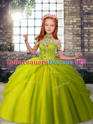 Olive Green Tulle Lace Up Little Girls Pageant Gowns Sleeveless Floor Length Beading