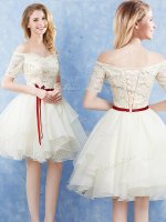Nice Off the Shoulder Short Sleeves Mini Length Lace and Ruffles and Belt Lace Up Quinceanera Dama Dress with Champagne