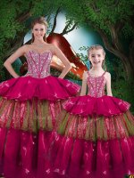 Vintage Fuchsia Ball Gowns Organza Sweetheart Sleeveless Beading and Ruffled Layers Floor Length Lace Up Quinceanera Dresses