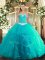 Fine Turquoise Lace Up Quinceanera Dresses Appliques and Ruffles Sleeveless Floor Length