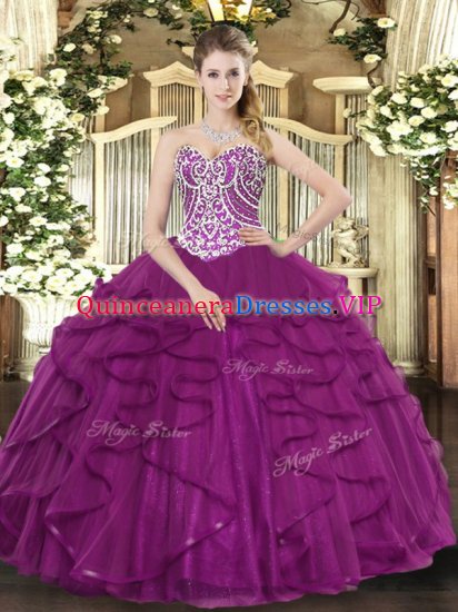 Latest Fuchsia Lace Up Quinceanera Gown Beading and Ruffles Sleeveless Floor Length - Click Image to Close