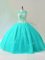 Amazing Scoop Sleeveless Ball Gown Prom Dress Floor Length Beading Aqua Blue Tulle
