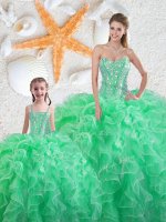 Apple Green Organza Lace Up Sweetheart Sleeveless Floor Length Quince Ball Gowns Beading and Ruffles