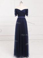 Vintage Navy Blue Off The Shoulder Lace Up Ruching Court Dresses for Sweet 16 Short Sleeves