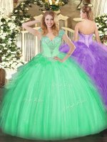 High Quality V-neck Sleeveless Quince Ball Gowns Floor Length Beading Apple Green Tulle(SKU SJQDDT1247002BIZ)