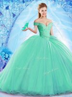 Ball Gowns Sleeveless Turquoise 15th Birthday Dress Brush Train Lace Up