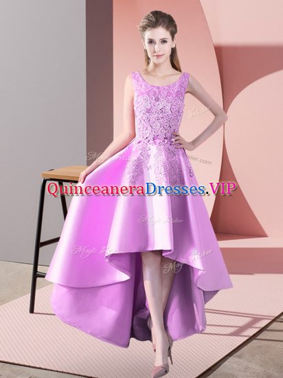 Sleeveless Satin High Low Zipper Quinceanera Court Dresses in Lilac with Lace - Click Image to Close