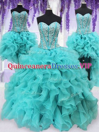 Top Selling Four Piece Floor Length Lace Up Sweet 16 Dresses Aqua Blue for Military Ball and Sweet 16 and Quinceanera with Beading and Ruffles