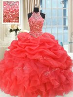 Sweet Floor Length Lace Up Ball Gown Prom Dress Coral Red for Military Ball and Sweet 16 and Quinceanera with Beading and Pick Ups
