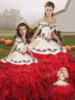 Affordable Off The Shoulder Sleeveless Vestidos de Quinceanera Floor Length Embroidery and Ruffles White And Red Organza