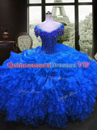 Floor Length Ball Gowns Cap Sleeves Royal Blue Sweet 16 Quinceanera Dress Lace Up