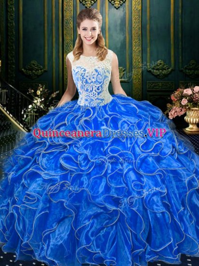 Enchanting Scoop Sleeveless Floor Length Lace and Ruffles Zipper 15 Quinceanera Dress with Royal Blue - Click Image to Close