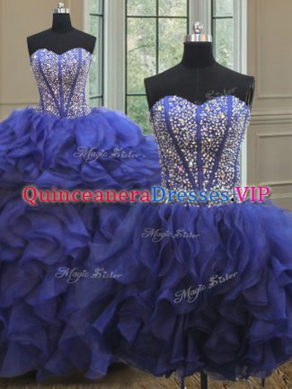 Captivating Three Piece Sleeveless Organza Floor Length Lace Up Ball Gown Prom Dress in Royal Blue with Beading and Ruffles