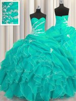 High Quality Floor Length Lace Up Sweet 16 Dresses Turquoise for Military Ball and Sweet 16 and Quinceanera with Beading and Appliques and Ruffles(SKU PSSW0507-4BIZ)