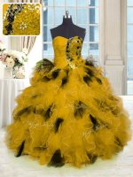 Gold Ball Gowns Beading and Ruffles Quinceanera Dress Lace Up Tulle Sleeveless Floor Length