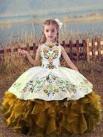 Floor Length Lace Up Little Girl Pageant Dress Brown for Wedding Party with Embroidery and Ruffles