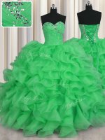 New Style Green Ball Gown Prom Dress Military Ball and Sweet 16 and Quinceanera with Beading and Ruffles Sweetheart Sleeveless Lace Up