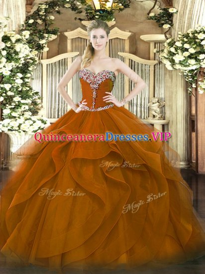 Brown Lace Up Sweetheart Beading and Ruffles Sweet 16 Dresses Tulle Sleeveless - Click Image to Close