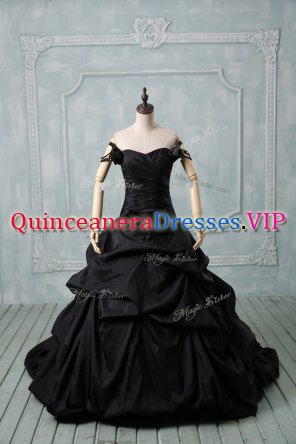 Pretty Black Sleeveless Pick Ups and Hand Made Flower Lace Up Ball Gown Prom Dress