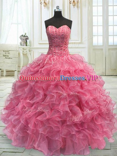 Nice Floor Length Lace Up Vestidos de Quinceanera Rose Pink for Military Ball and Sweet 16 and Quinceanera with Beading and Ruffles - Click Image to Close