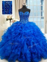 Royal Blue Sleeveless Floor Length Beading and Ruffles Lace Up Sweet 16 Quinceanera Dress