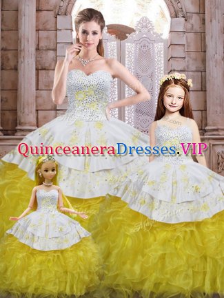 Yellow And White Lace Up Sweet 16 Quinceanera Dress Beading and Appliques and Ruffles Sleeveless Floor Length