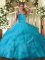 Beautiful Baby Blue Halter Top Lace Up Ruffles Quinceanera Gown Sleeveless