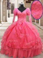Ruffled Floor Length Pink Quinceanera Dresses V-neck Half Sleeves Zipper