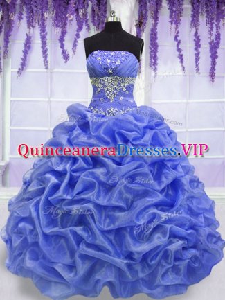 Sexy Blue Organza Lace Up Quinceanera Dresses Sleeveless Floor Length Beading and Pick Ups