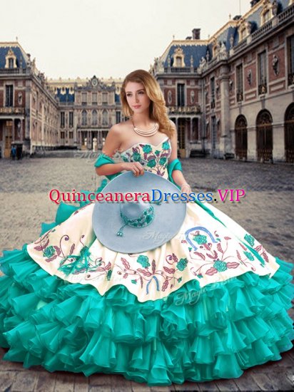 Traditional Ball Gowns Quince Ball Gowns Turquoise Sweetheart Organza and Taffeta Sleeveless Floor Length Lace Up - Click Image to Close