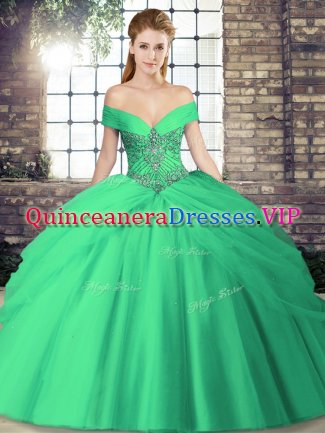 Glamorous Lace Up Sweet 16 Dress Turquoise for Military Ball and Sweet 16 and Quinceanera with Beading and Pick Ups Brush Train
