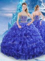 Royal Blue Ball Gowns Strapless Sleeveless Organza Floor Length Lace Up Beading and Appliques and Ruffles Quinceanera Dresses