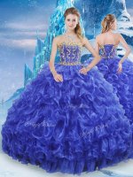 Royal Blue Ball Gowns Strapless Sleeveless Organza Floor Length Lace Up Beading and Appliques and Ruffles Quinceanera Dresses(SKU PSSW0655MTBIZ)