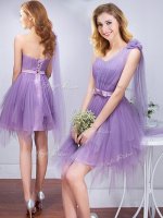 Graceful One Shoulder Mini Length Lavender Quinceanera Court of Honor Dress Tulle Sleeveless Ruffles and Ruching and Belt and Hand Made Flower