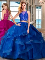 Best Selling Scoop Floor Length Two Pieces Sleeveless Royal Blue Quince Ball Gowns Zipper