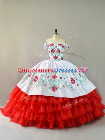 Smart White And Red Lace Up Off The Shoulder Embroidery and Ruffled Layers Vestidos de Quinceanera Organza Sleeveless Court Train - Click Image to Close