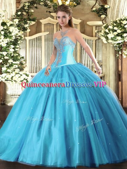 Amazing Floor Length Lace Up Quinceanera Gown Aqua Blue for Military Ball and Sweet 16 and Quinceanera with Beading - Click Image to Close