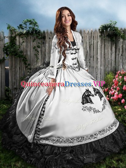 White And Black Ball Gowns Sweetheart Sleeveless Satin Floor Length Lace Up Embroidery and Ruffles Quince Ball Gowns - Click Image to Close