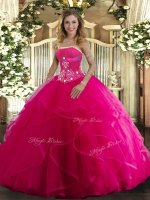 Hot Selling Ball Gowns Sweet 16 Quinceanera Dress Hot Pink Strapless Tulle Sleeveless Floor Length Lace Up