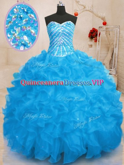 Ideal Sleeveless Organza Floor Length Lace Up Quince Ball Gowns in Baby Blue with Beading and Ruffles and Sequins - Click Image to Close
