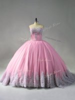 Pink Ball Gowns Beading and Appliques Quince Ball Gowns Lace Up Tulle Sleeveless