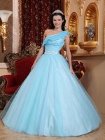 Waterloo Iowa/IA Stylish Light Blue Princess Quinceanera Dress For Sweet 16 With One Shoulder Neckline