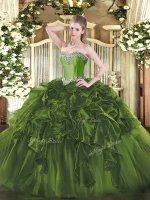 Olive Green Sleeveless Organza Lace Up Quinceanera Dress for Military Ball and Sweet 16 and Quinceanera