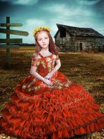 Floor Length Orange Red Little Girls Pageant Gowns Organza Short Sleeves Embroidery and Ruffled Layers(SKU XBLD012-7BIZ)