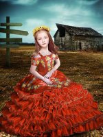 Floor Length Orange Red Little Girls Pageant Gowns Organza Short Sleeves Embroidery and Ruffled Layers
