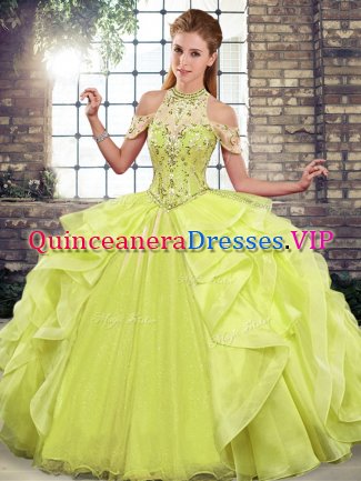 Yellow Green Sleeveless Organza Lace Up Quinceanera Dresses for Military Ball and Sweet 16 and Quinceanera