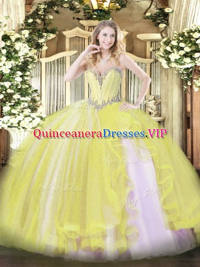 Top Selling Yellow Ball Gowns Beading and Ruffles Ball Gown Prom Dress Lace Up Tulle Sleeveless Floor Length - Click Image to Close