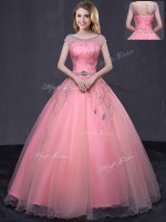 Modest Scoop Cap Sleeves Ball Gown Prom Dress Floor Length Beading and Belt Watermelon Red Tulle